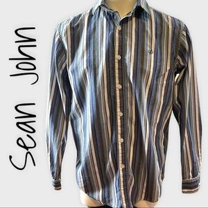 SEAN John button up blue gray & white striped shirt